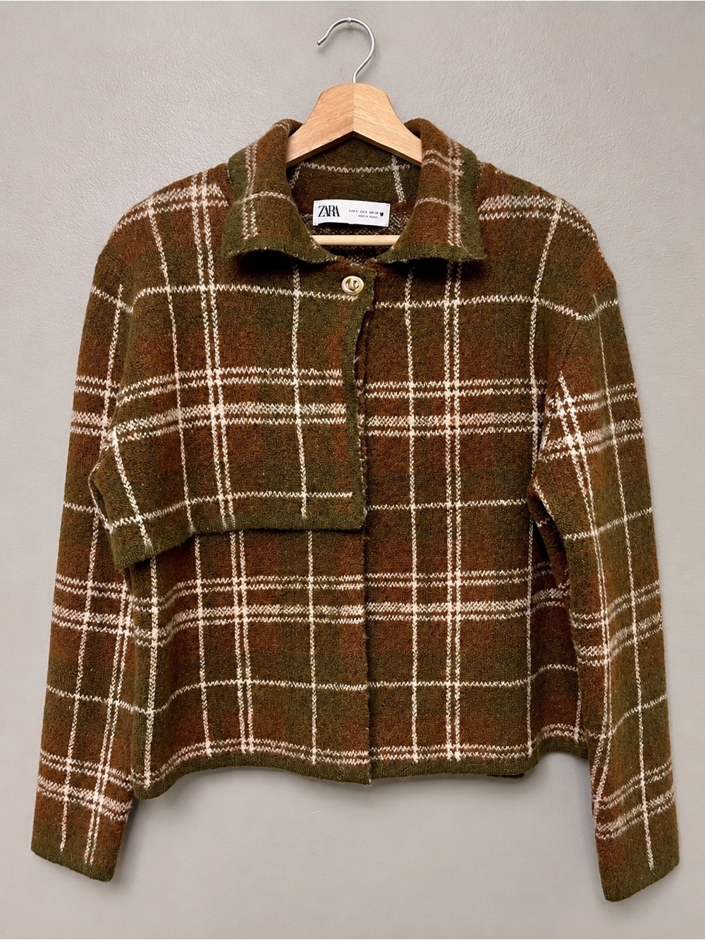 Zara 2 Piece Plaid Knit Jacket Tank Set Small Olive Brown Dark Academia